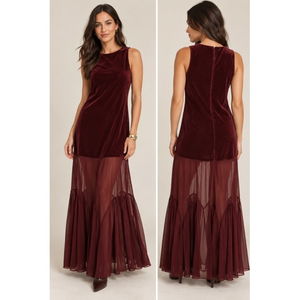Women's Sleeveless Velvet Maxi Dress Drop Waist Burgundy Evening Gown